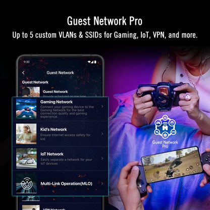 ASUS GT-BE19000AI: tri-band WiFi 7 gaming router, AI boost, dual 10G ports, gaming network, RGB design.