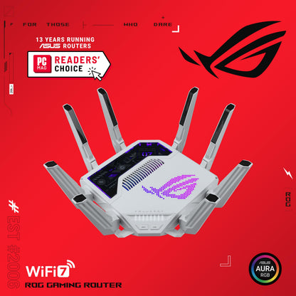 ASUS GT-BE19000AI: tri-band WiFi 7 gaming router, AI boost, dual 10G ports, gaming network, RGB design.