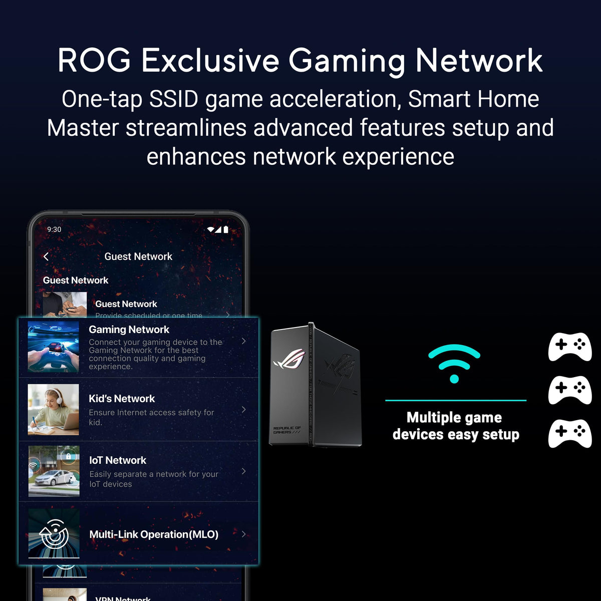 ASUS ROG Strix GS-BE12000: tri-band WiFi 7 router, 12Gbps, strong coverage, gaming acceleration, secure network.