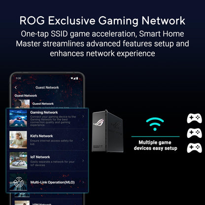 ASUS ROG Strix GS-BE12000: tri-band WiFi 7 router, 12Gbps, strong coverage, gaming acceleration, secure network.