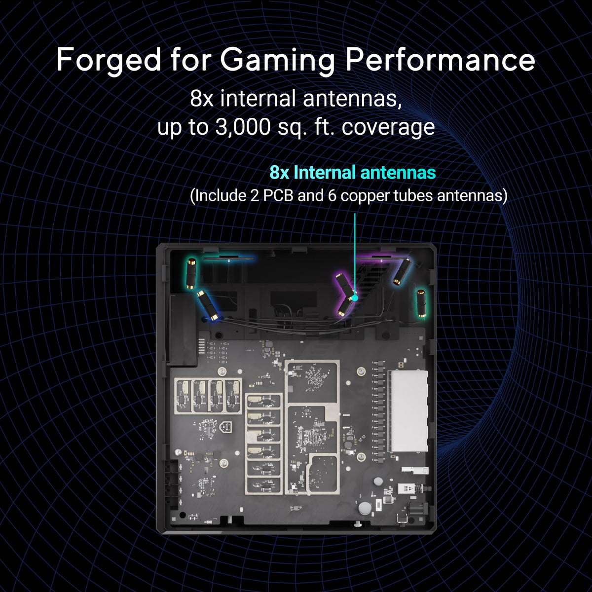 ASUS ROG Strix GS-BE12000: tri-band WiFi 7 router, 12Gbps, strong coverage, gaming acceleration, secure network.