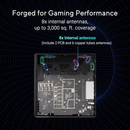 ASUS ROG Strix GS-BE12000: tri-band WiFi 7 router, 12Gbps, strong coverage, gaming acceleration, secure network.